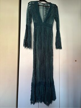 Long Teal Lace V-Neck Maxi Dress with Sheer Details
